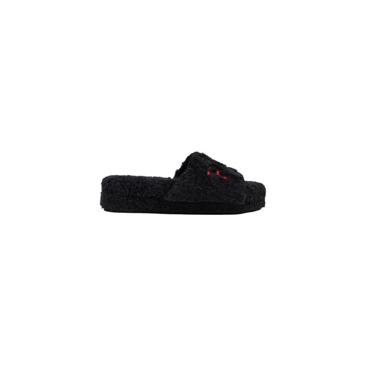 Ralph Lauren black fuzzy textile slide slippers with a platform sole and red embroidered logo detail.