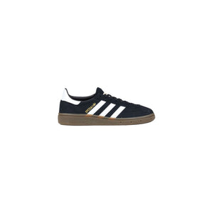 Adidas Originals black suede low-top sneaker with white three-stripes, gold Spezial branding, and a brown rubber sole.