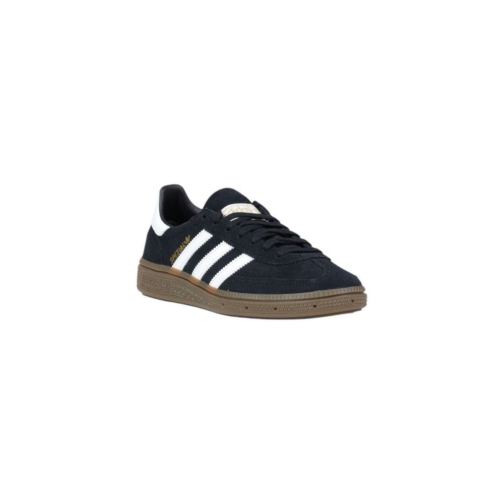 Black suede Adidas Originals low-top sneaker with white stripes, white heel tab, and textured gum rubber sole.