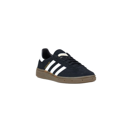 Black suede Adidas Originals low-top sneaker with white stripes, white heel tab, and textured gum rubber sole.