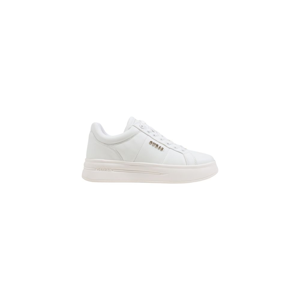 Guess white polyethylene lace-up platform sneakers with gold-tone side logo branding.
