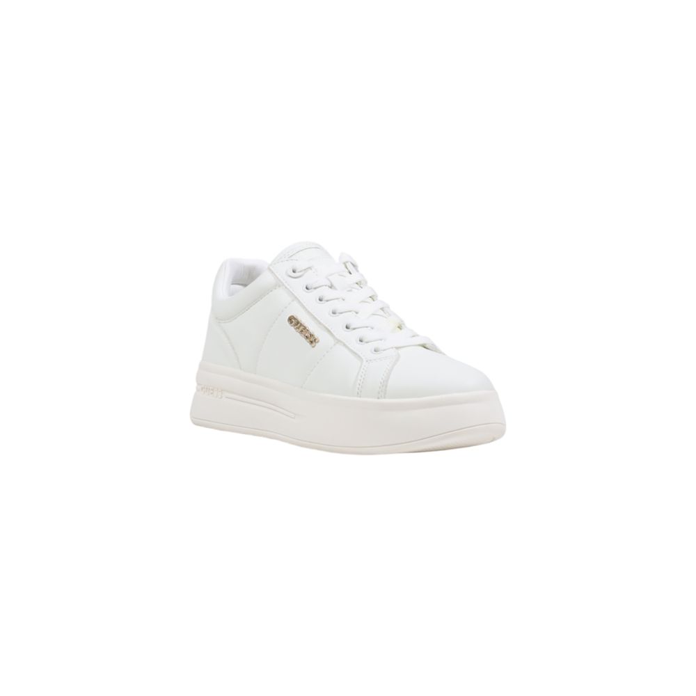 White Guess polyethylene platform sneakers with lace-up closure and gold-tone side logo detail.