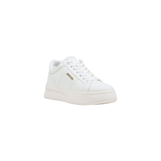 White Guess polyethylene platform sneakers with lace-up closure and gold-tone side logo detail.