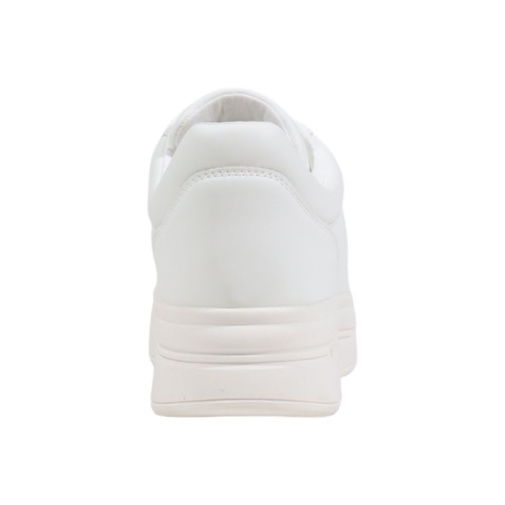 Back view of white polyethylene platform sneakers with a chunky, textured rubber sole and clean, minimalist design.