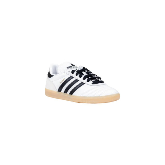 Adidas Originals white artificial leather Samba sneaker with black stripes, laces, and a gum rubber sole.