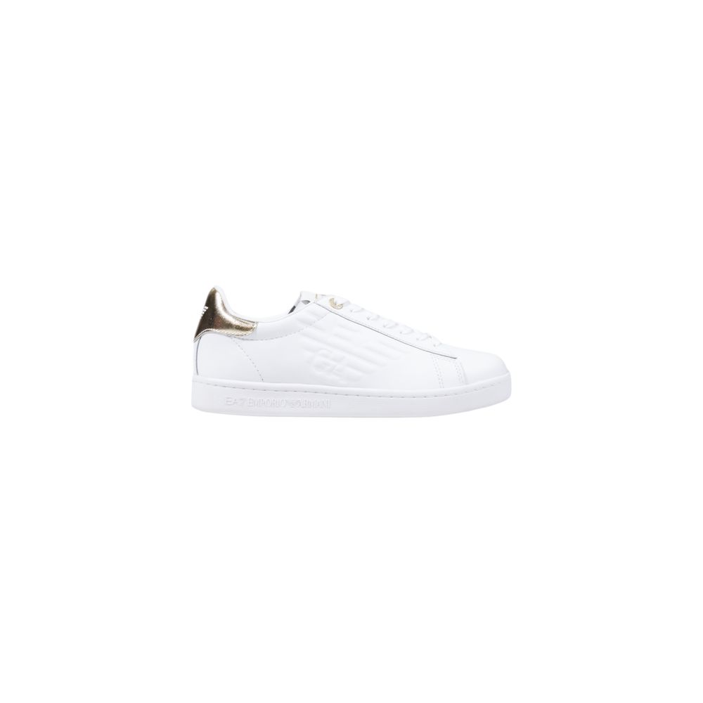 EA7 Emporio Armani white leather low-top sneakers with a metallic gold heel tab and embossed logo detail.