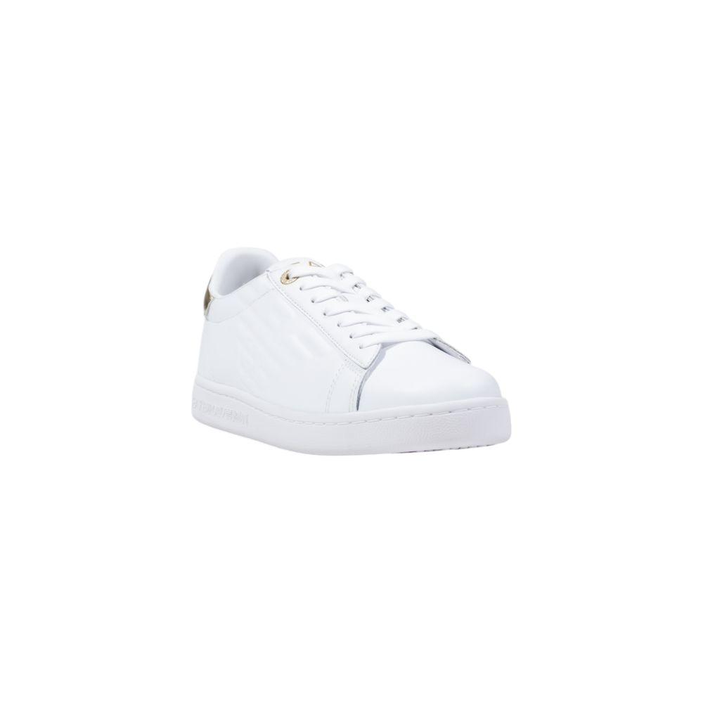EA7 Emporio Armani white leather low-top sneakers with a sleek, minimalist style and gold metallic heel detail.