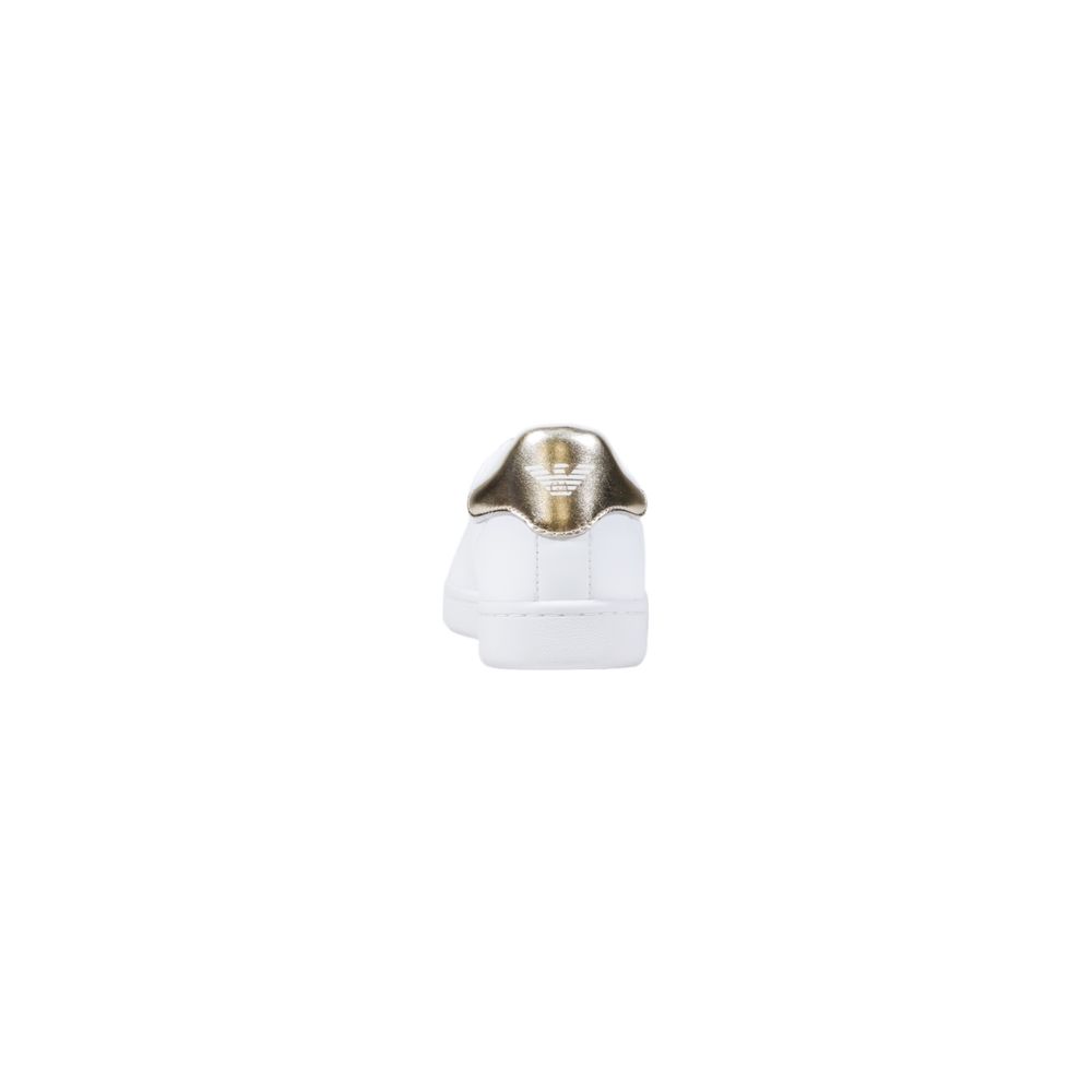 White leather low-top sneaker featuring a metallic gold heel tab with an EA7 Emporio Armani logo embossed.