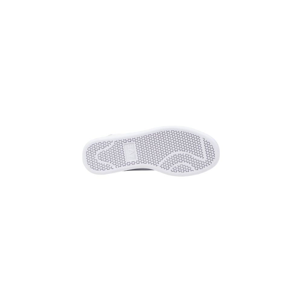 White EA7 Emporio Armani sneaker showing the textured white rubber tread sole with a central logo.