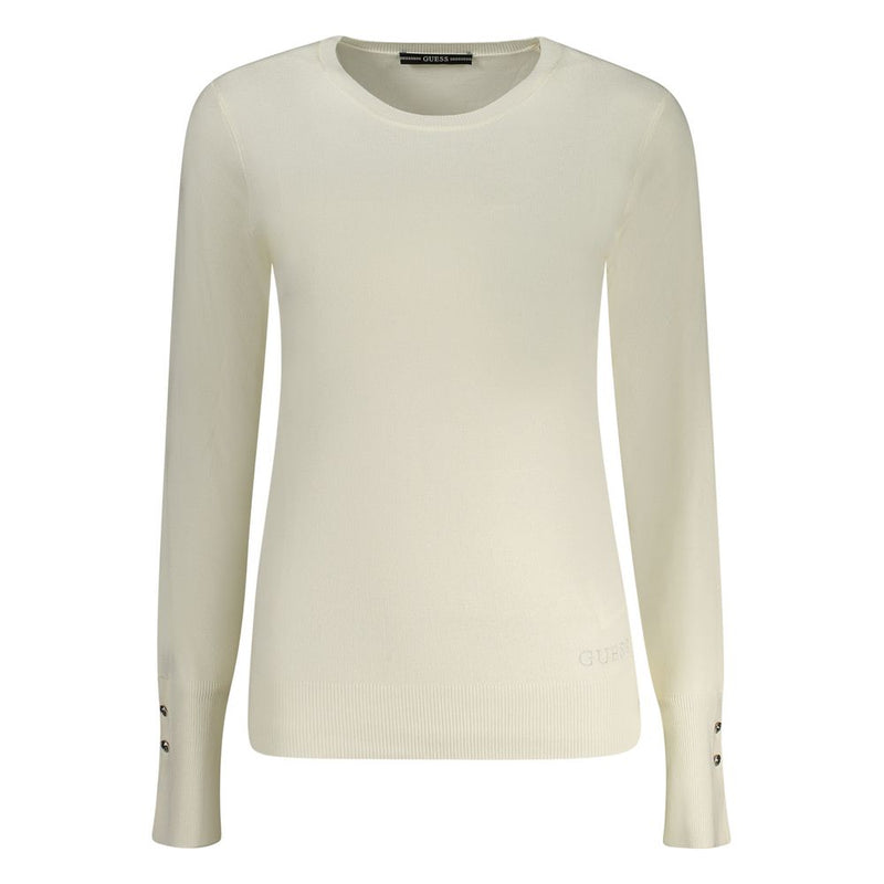 Off-white viscose knit women's sweater with long sleeves, crew neck, and buttoned cuffs