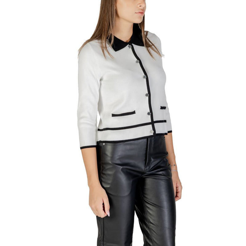 Black and white viscose button-down cardigan with collar and pockets