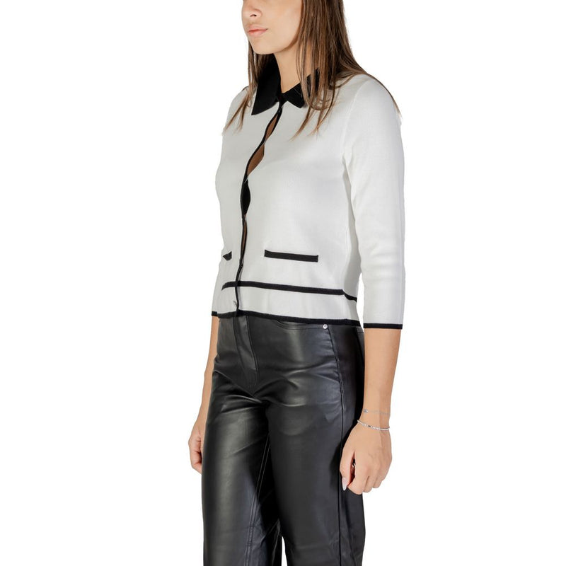 Morgan De Toi white viscose sweatshirt with black collar, placket, and hem trim
