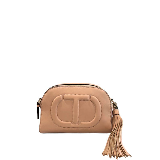 Pink faux leather dome crossbody bag with embossed logo and tassel charm