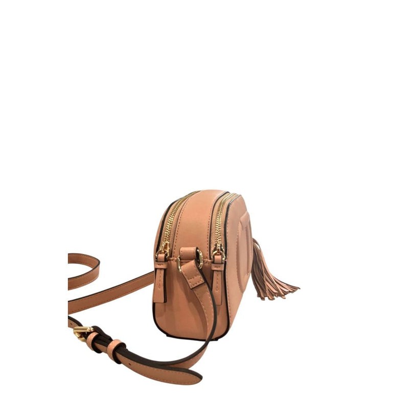 Pink faux leather women's crossbody bag with dual zippered compartments and a tassel accent