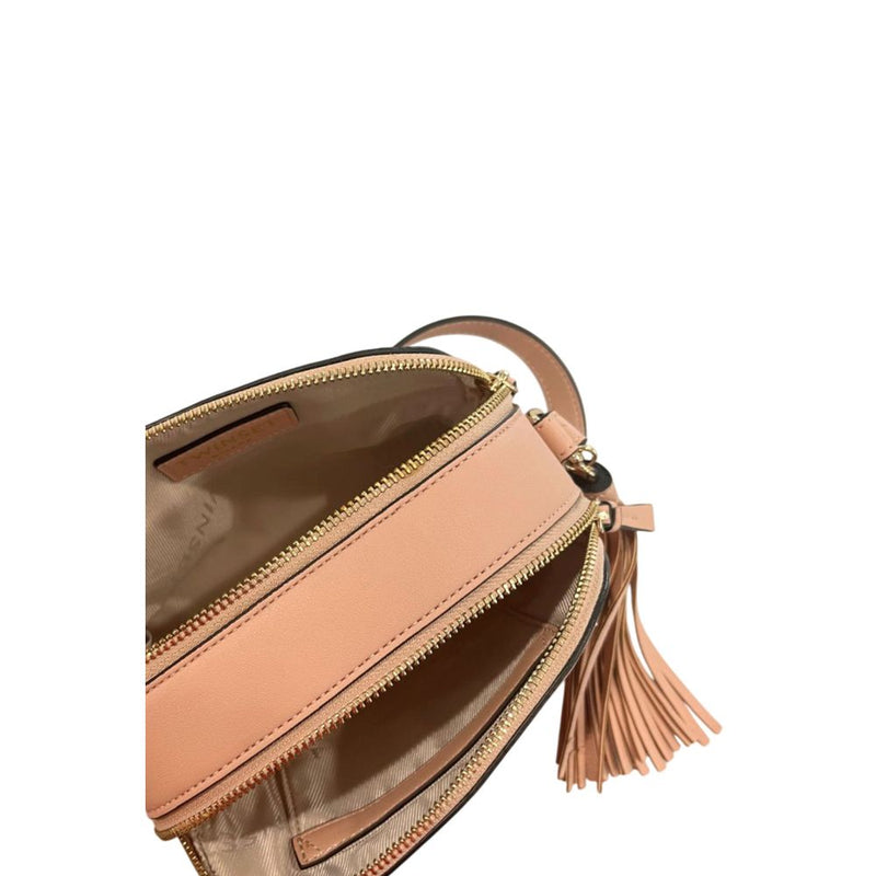 Pink faux leather Twinset crossbody bag with dual zippered compartments and a tassel accent