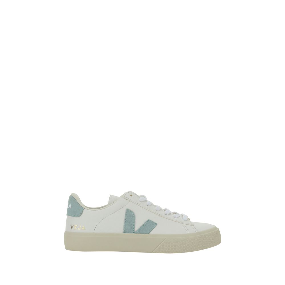 Veja white calf leather low-top sneakers with sage green suede V logo, lace-up closure, and off-white rubber sole.