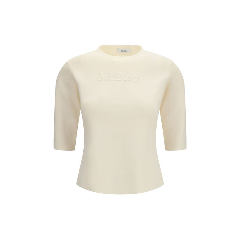 Beige viscose t-shirt with crew neck and elbow-length sleeves featuring embossed MaxMara text on chest