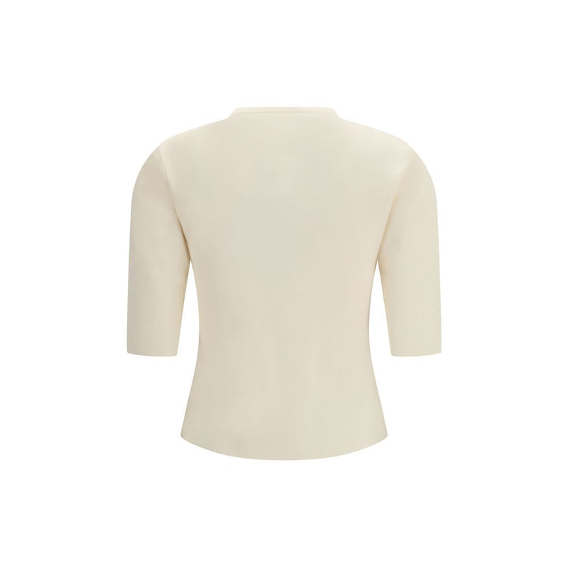 Back view of a plain beige viscose t-shirt with elbow-length sleeves
