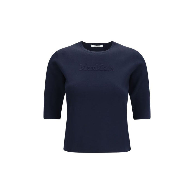 Max Mara dark blue viscose t-shirt with three-quarter sleeves and subtle debossed chest logo