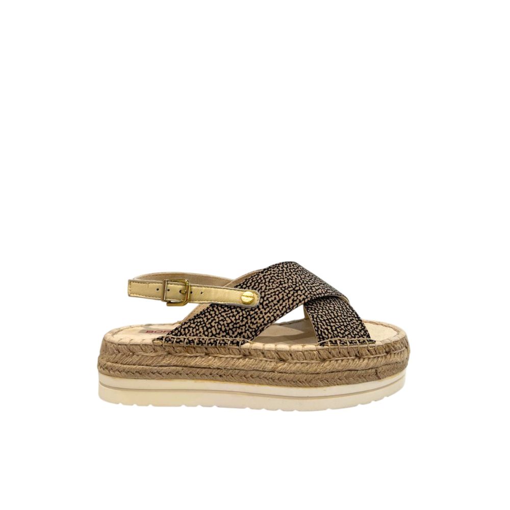 Borbonese beige textile platform sandal with a black speckled crisscross upper, buckled strap, and jute-wrapped sole.