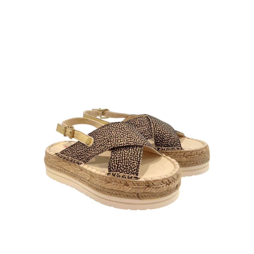Borbonese beige and black spotted textile platform sandal with jute-wrapped midsole and gold-tone ankle strap buckle.