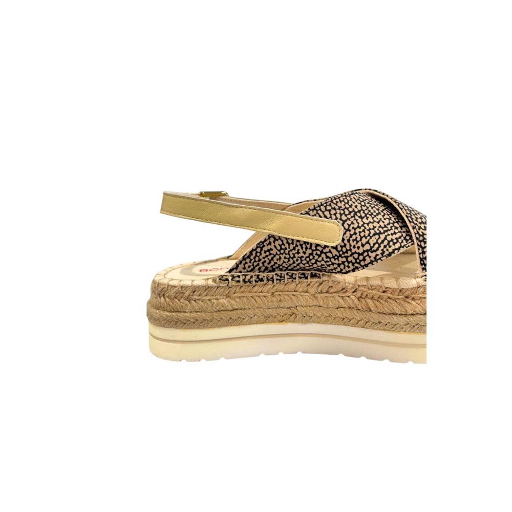 Borbonese beige textile sandal with spotted pattern, crossover straps, beige ankle strap, and braided jute platform.