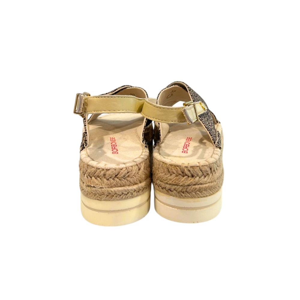 Borbonese beige textile platform espadrille sandals with patterned fabric straps, ankle buckle, and jute-wrapped heels.