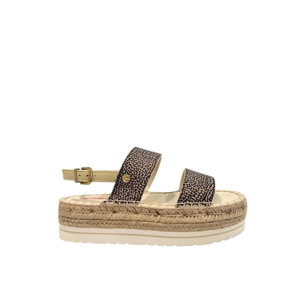 Borbonese beige textile platform sandal with spotted print straps, a buckle ankle strap, and braided jute midsole.