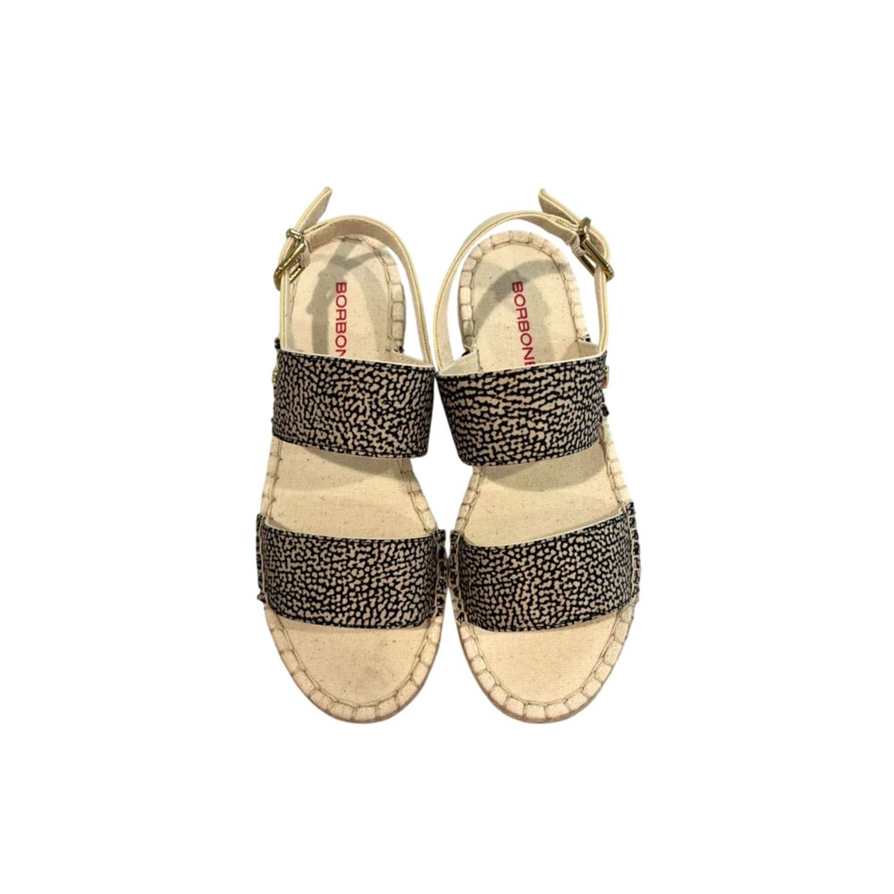 Borbonese beige and black spotted textile two-strap espadrille sandals with ankle buckle straps.