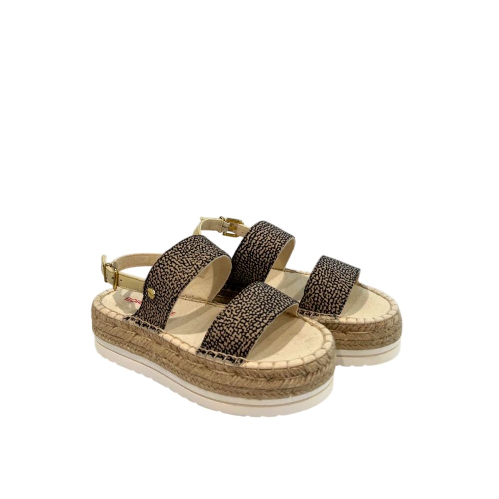 Borbonese beige and black animal print textile platform sandal with a jute-wrapped midsole and buckled ankle strap.