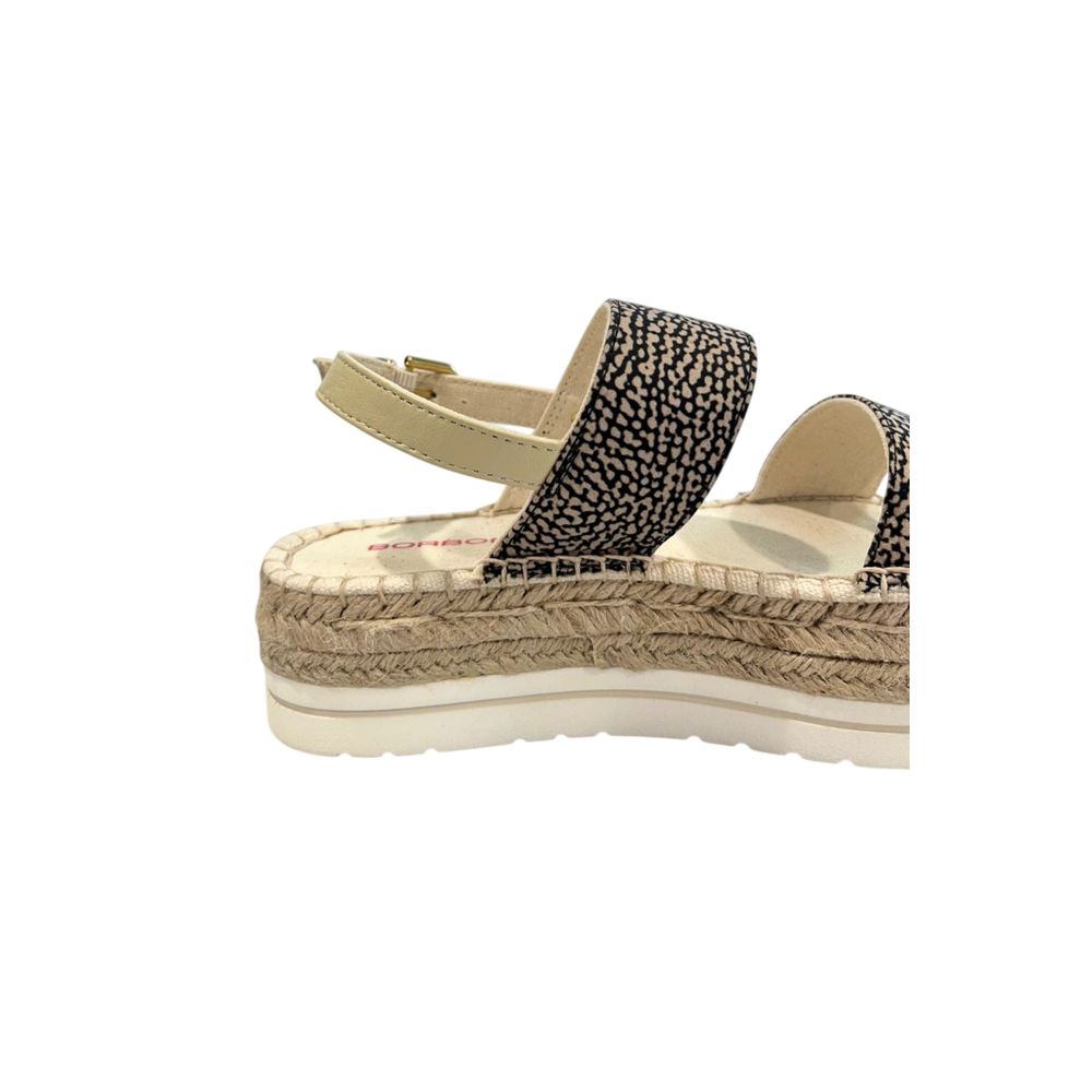 Borbonese women's beige and black animal print textile platform espadrille sandal with jute sole and ankle strap.