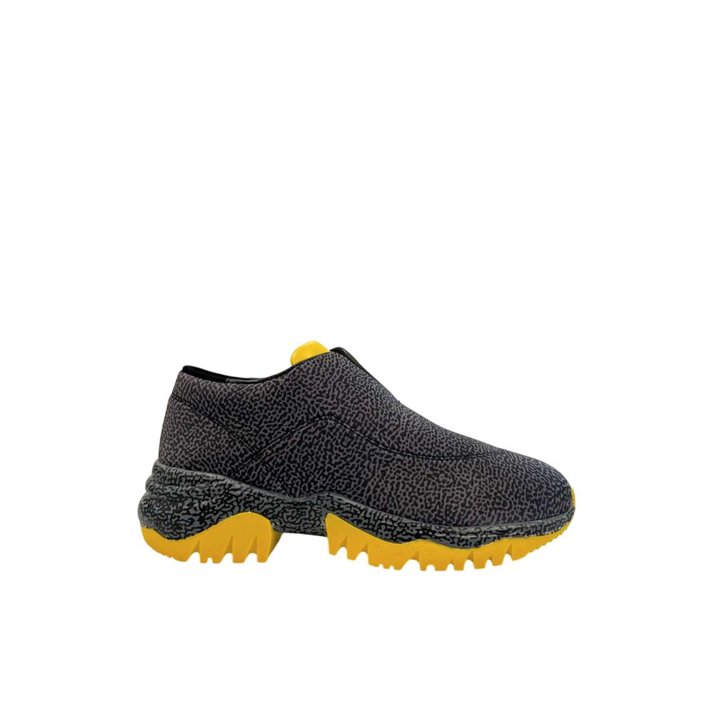 Borbonese women's black leather sneaker with gray micro-pattern, yellow accents, and a chunky lugged yellow sole.