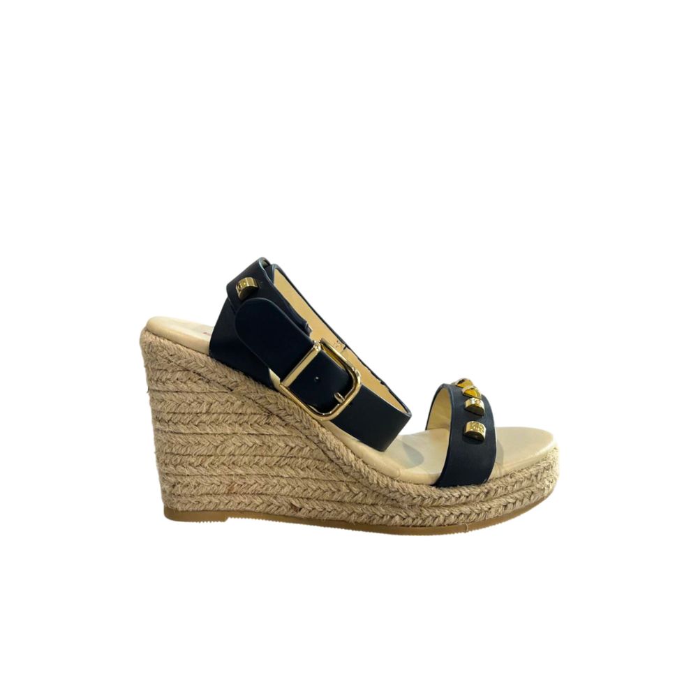 Borbonese blue leather wedge sandal with espadrille platform, gold buckle, and stud detailing on the front strap.