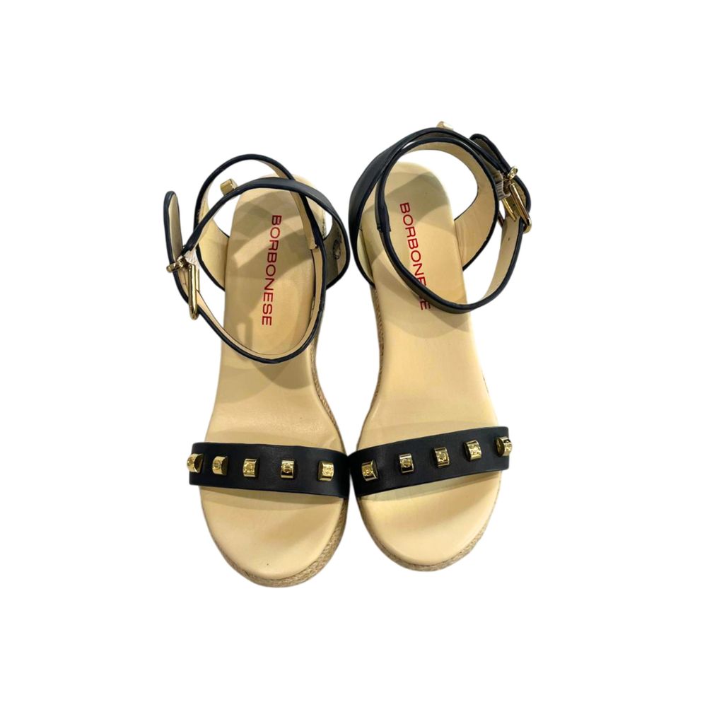 Borbonese blue leather platform sandals with ankle straps, gold-tone studs, and jute-trimmed soles.