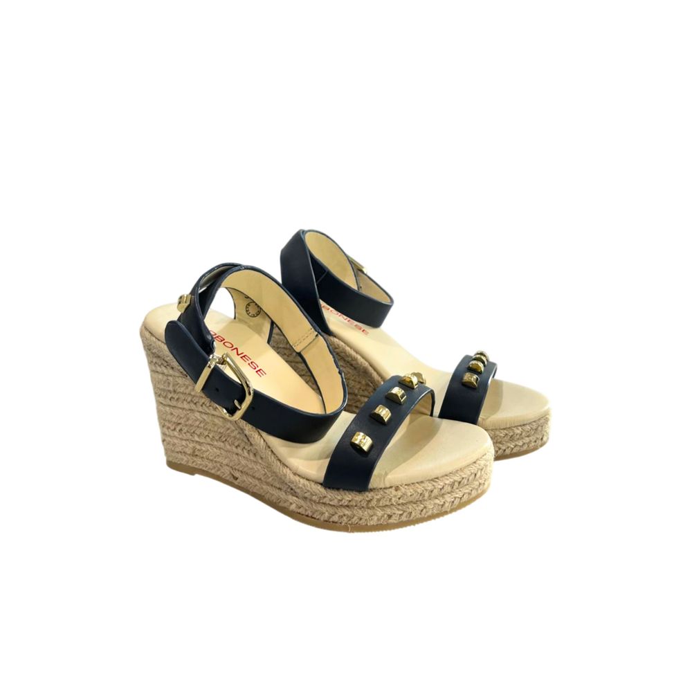 Borbonese blue leather wedge sandals with gold stud details, ankle strap buckles, and a braided jute platform sole.