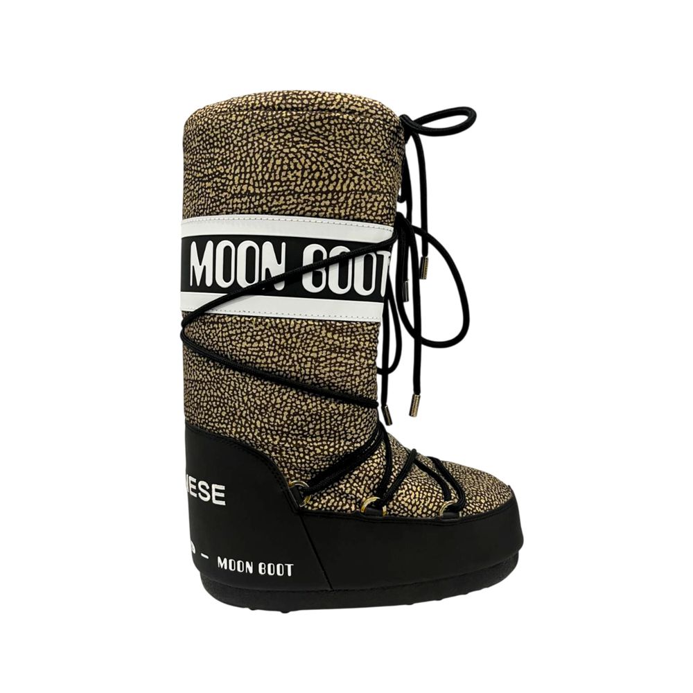 Borbonese beige and black textile Moon Boot with signature patterned upper, black rubber trim, and lace-up closure.
