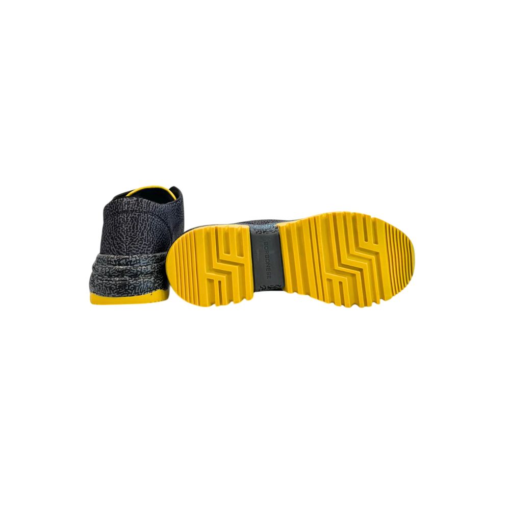 Borbonese black leather sneaker with textured pattern, yellow lug sole, and branded yellow rubber outsole.
