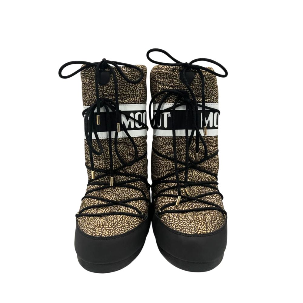 Borbonese beige textile moon boots with black lace-up front, white logo branding, and thick black rubber soles.