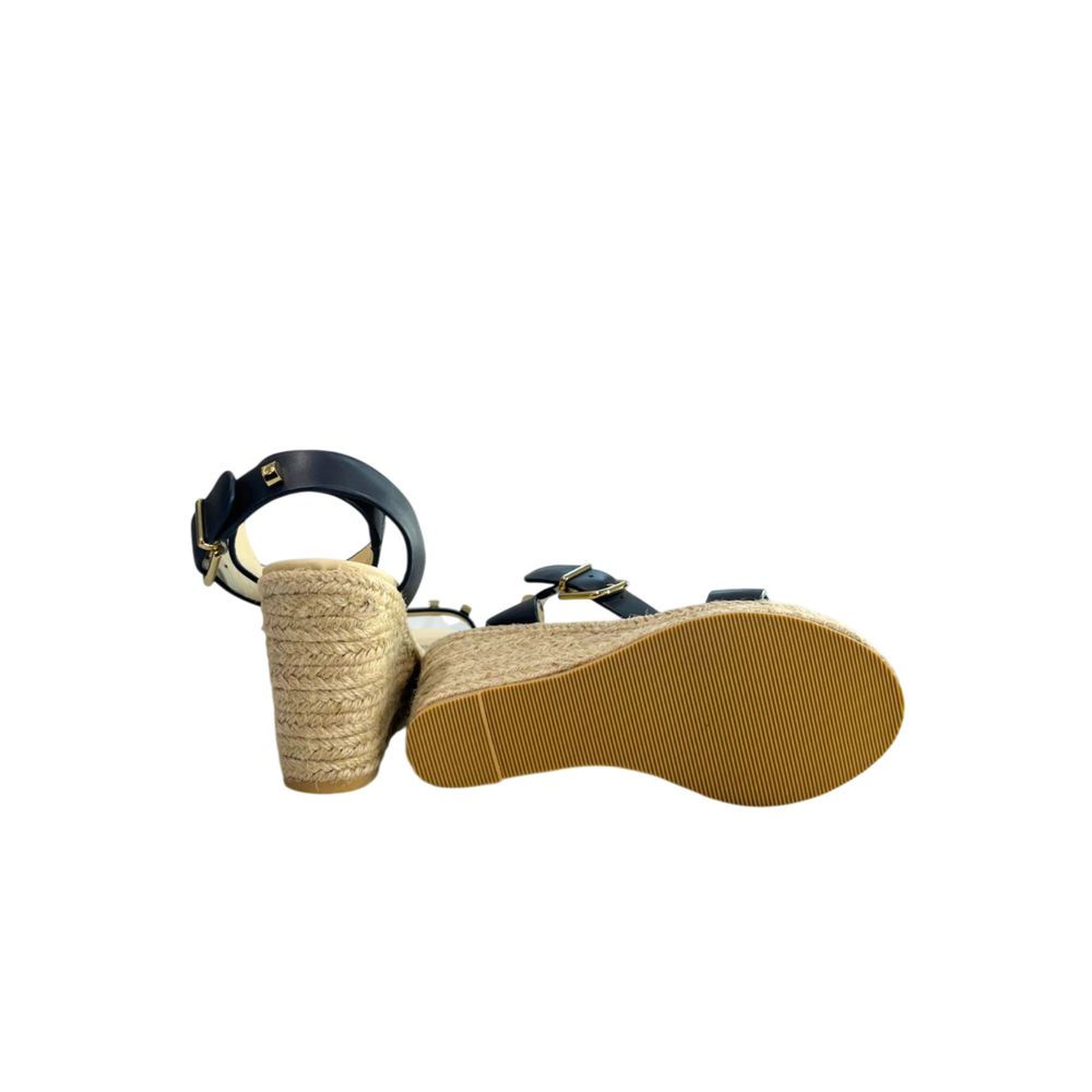 Borbonese navy blue leather platform wedge sandals with an ankle strap, gold buckle, and braided jute midsole.
