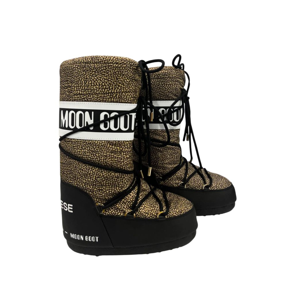 Borbonese women's beige and black textile snow boots with lace-up front, black rubber soles, and Moon Boot branding.