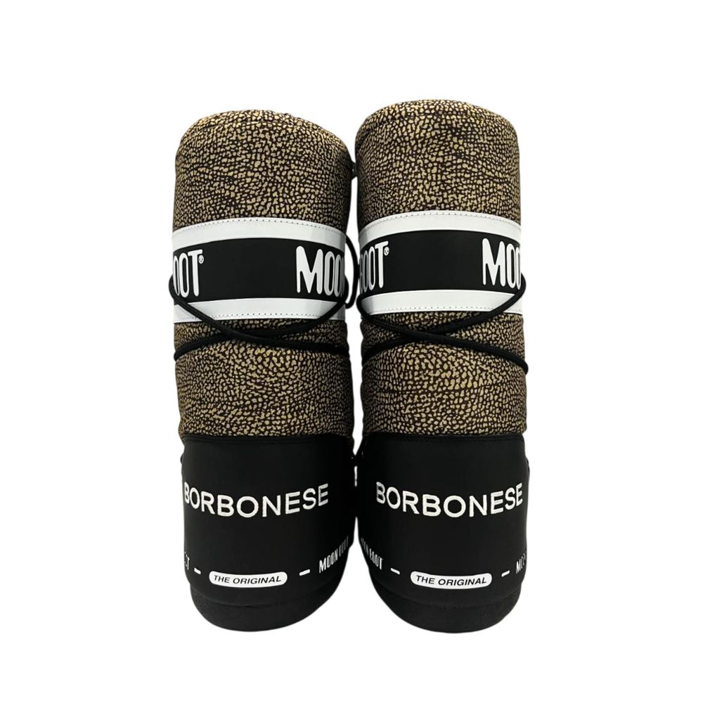Borbonese beige and black textile snow boots with lace-up details, white brand logo band, and black rubber base.