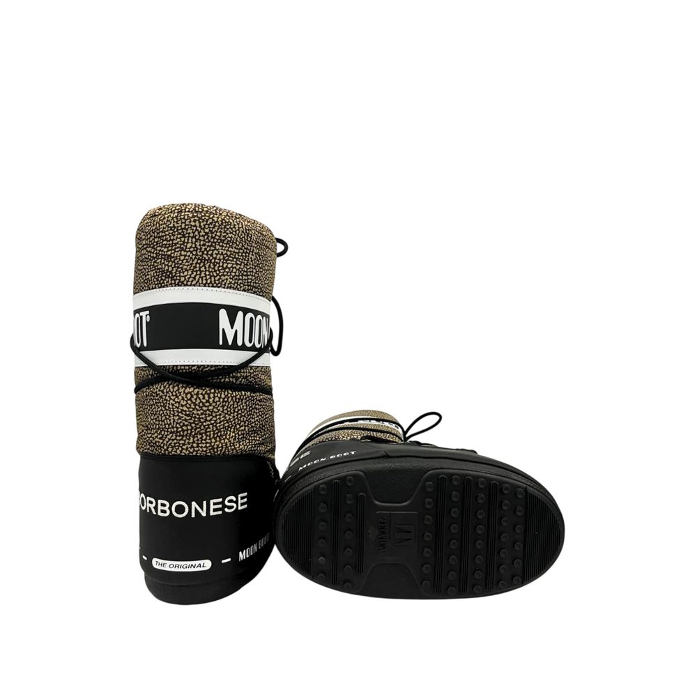 Borbonese beige patterned textile and black synthetic Moon Boot style women’s boots with white branding.