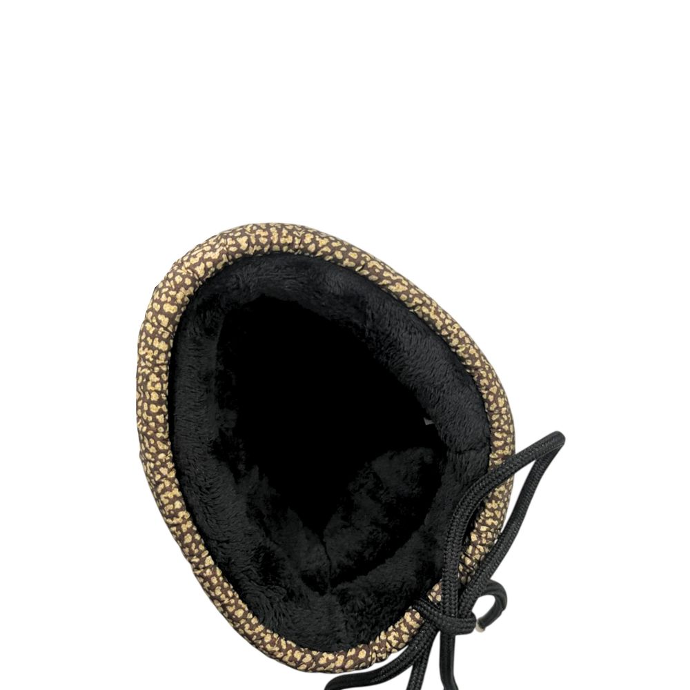 Borbonese beige textile boot with iconic pattern, black faux fur lining, and drawstring closure.