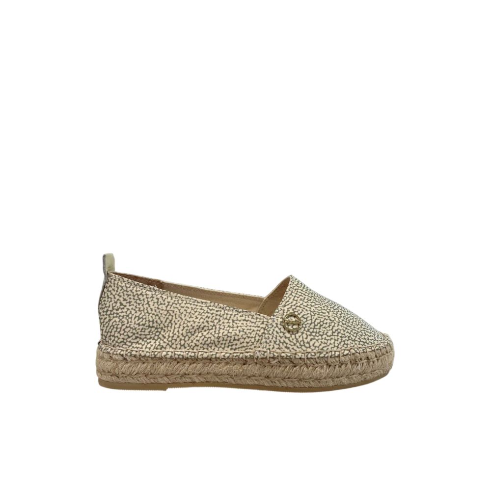 Borbonese green textile espadrille with spotted pattern, jute sole, and gold-tone logo emblem on the side.