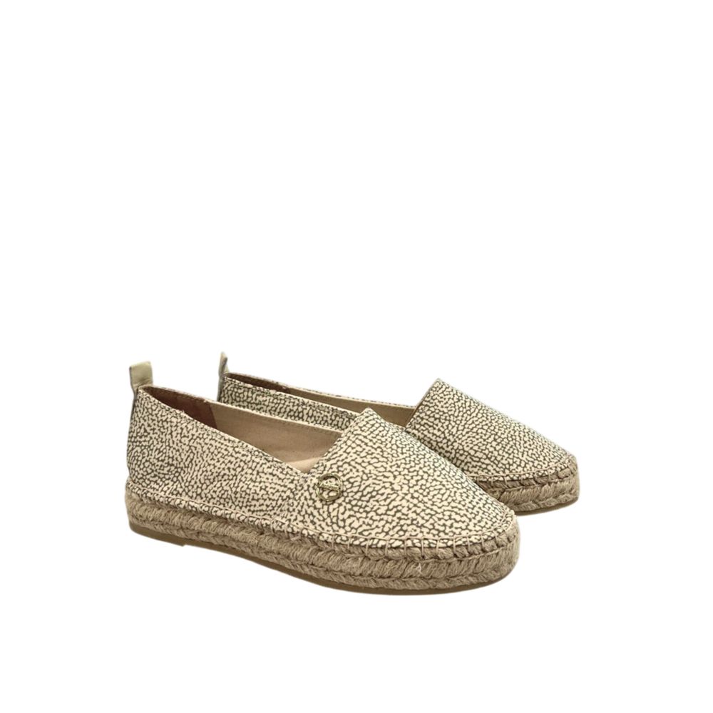Borbonese women's beige and green speckled textile espadrille slip-ons with a gold logo emblem and braided jute sole.