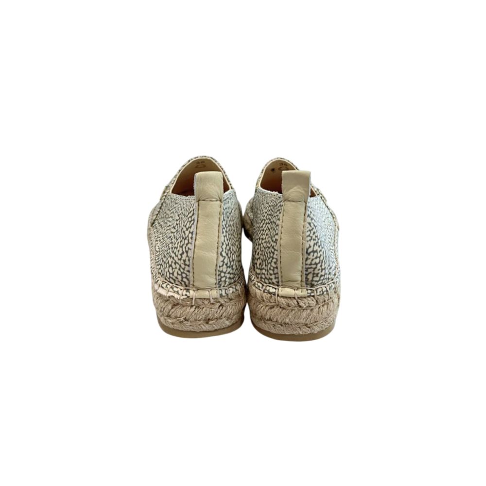 Borbonese green and cream animal print textile espadrille slip-ons with jute rope soles and leather heel tabs.