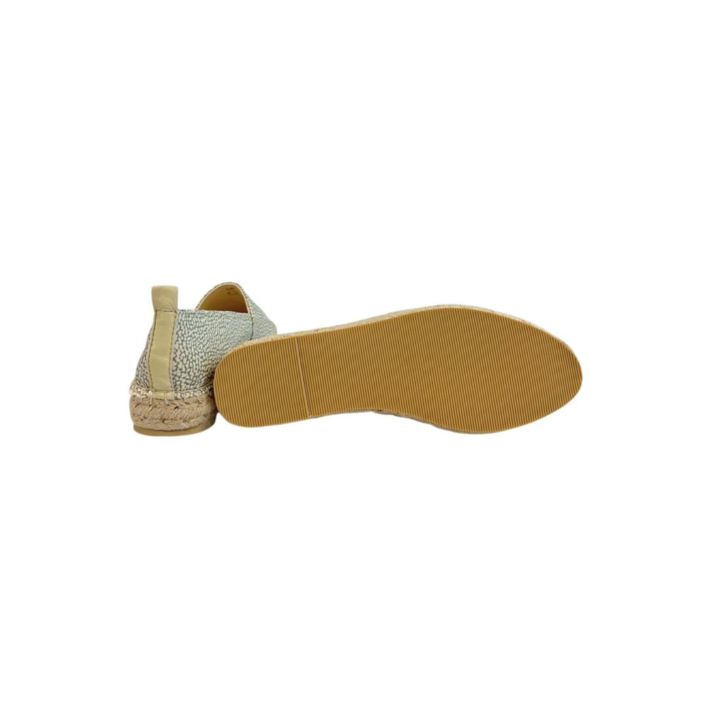 Borbonese green and cream spotted textile espadrille with a tan ridged rubber sole and beige heel tab.