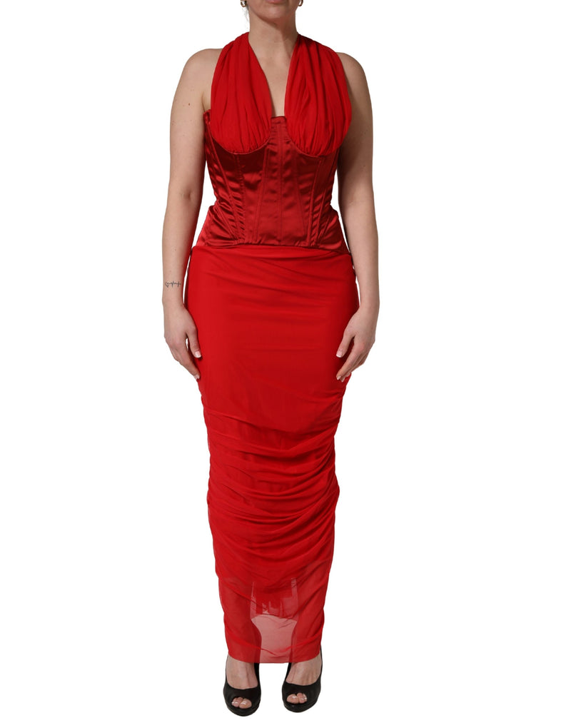 Red satin corset halter sleeveless sheath dress with ruched midi skirt