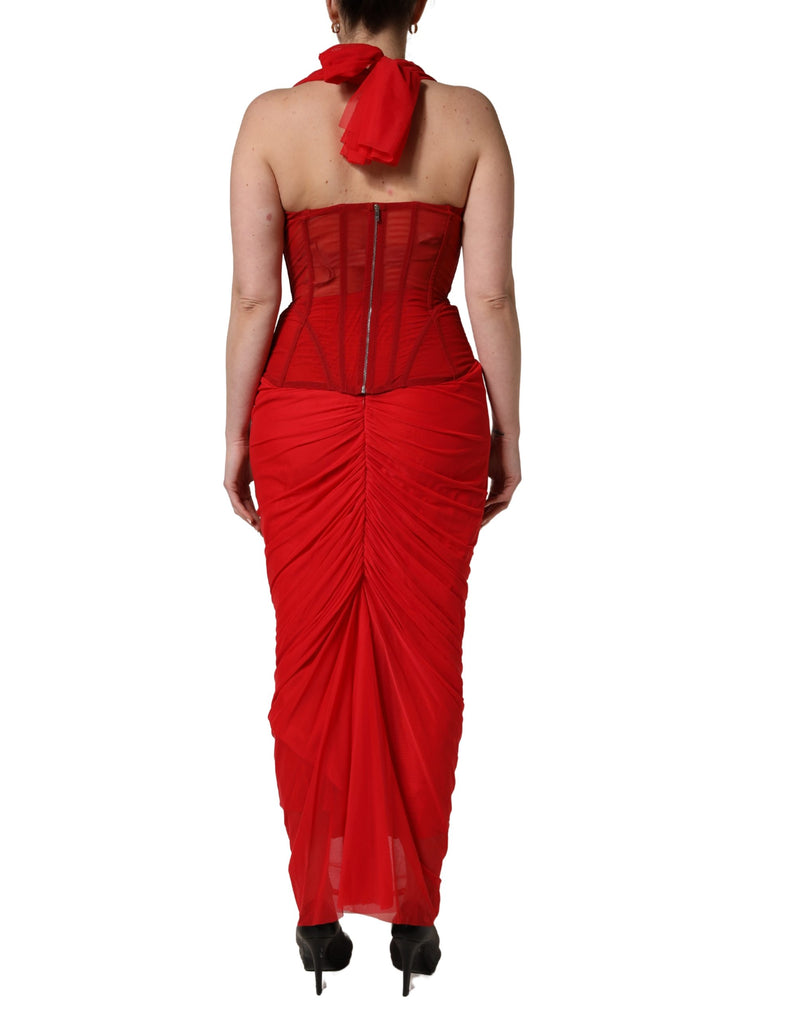 Red halter corset sleeveless sheath dress in sheer chiffon