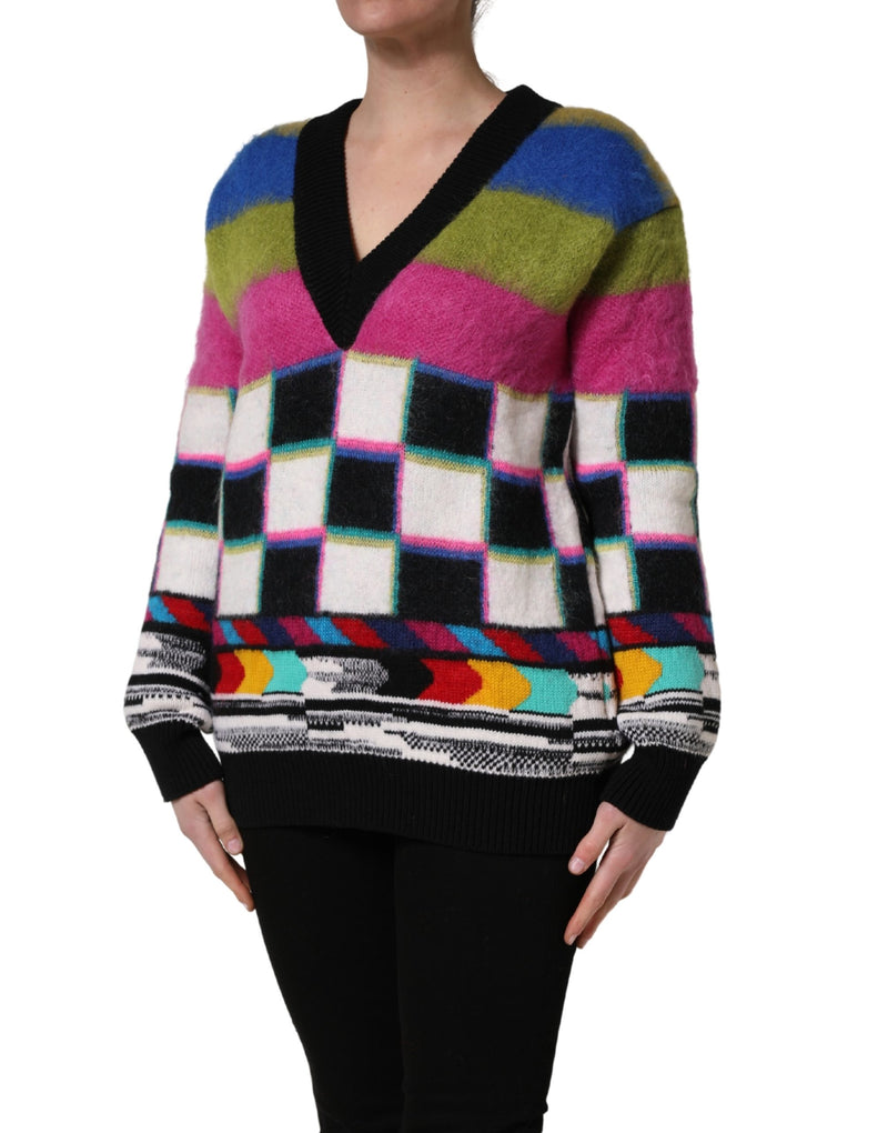 Multicolor fuzzy knit V-neck sweater with stripes and checks worn by a model